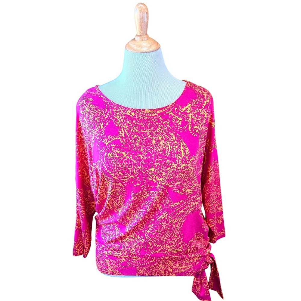 Chicos 2 Pink Orange Paisley Print Side Tie Boat Neck 3/4 Sleeve Blouse Large